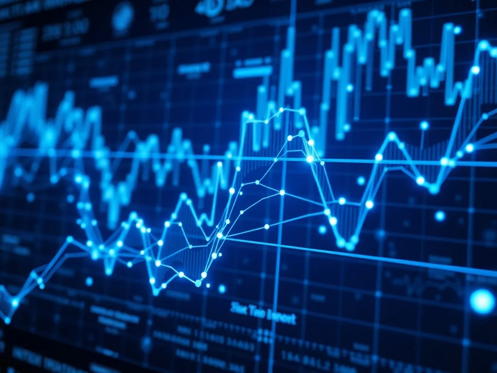 A high-tech digital interface showing complex financial time