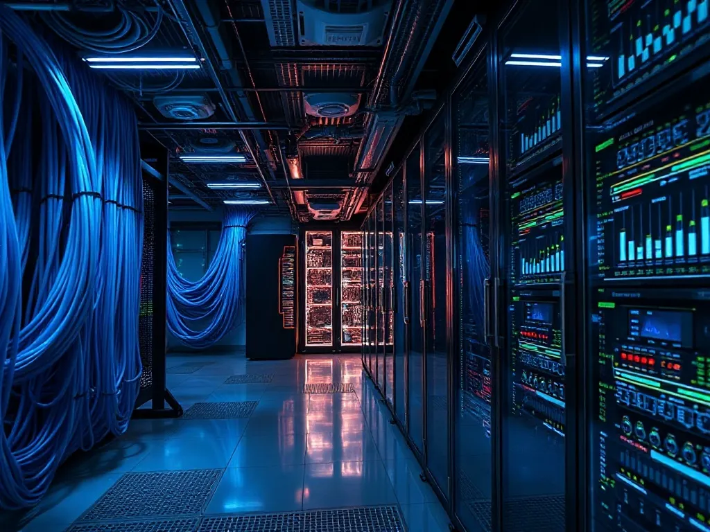 High-tech server room with blue fiber optic cables and digit
