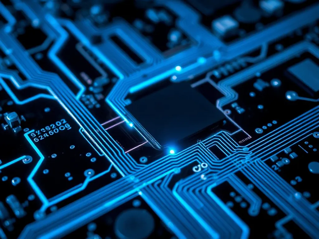 Close-up of a high-tech circuit board with glowing blue ligh
